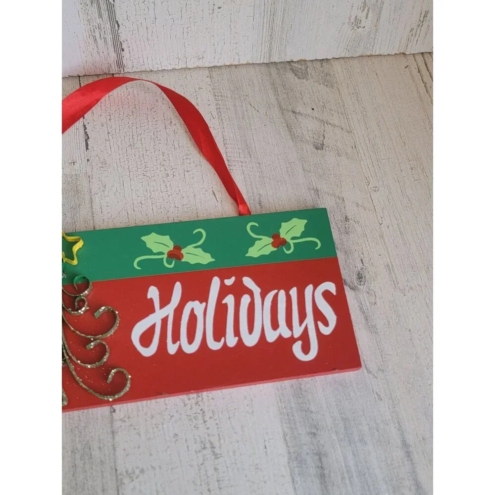 Happy holidays red wall‎ hanging sign Xmas tree star home decor